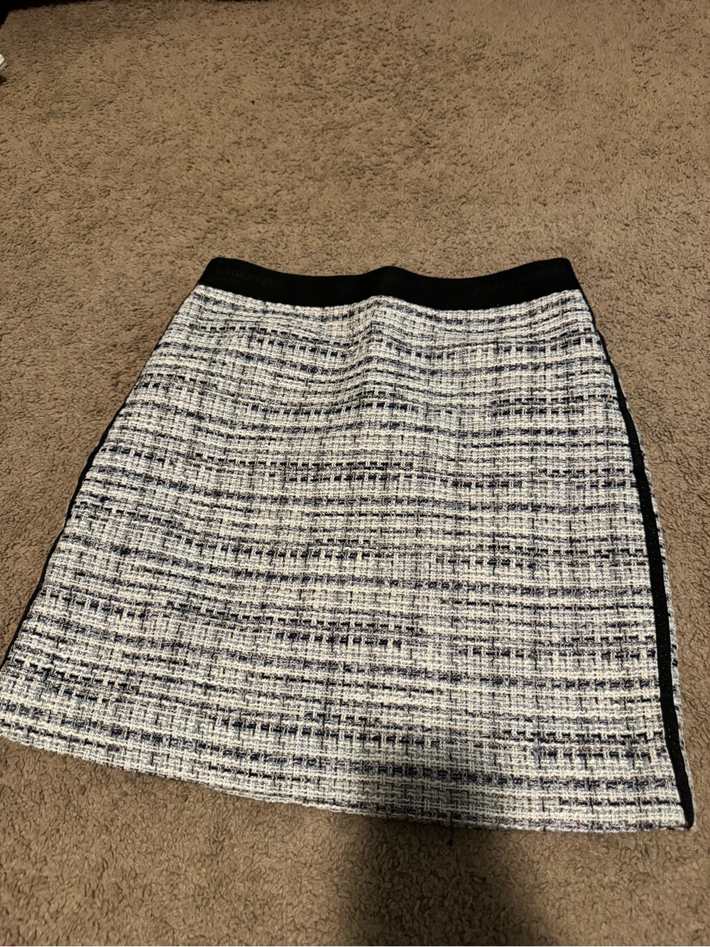 Karl Lagerfeld White and Blue Tweed Mini Skirt with Black Sporty Logo Taping